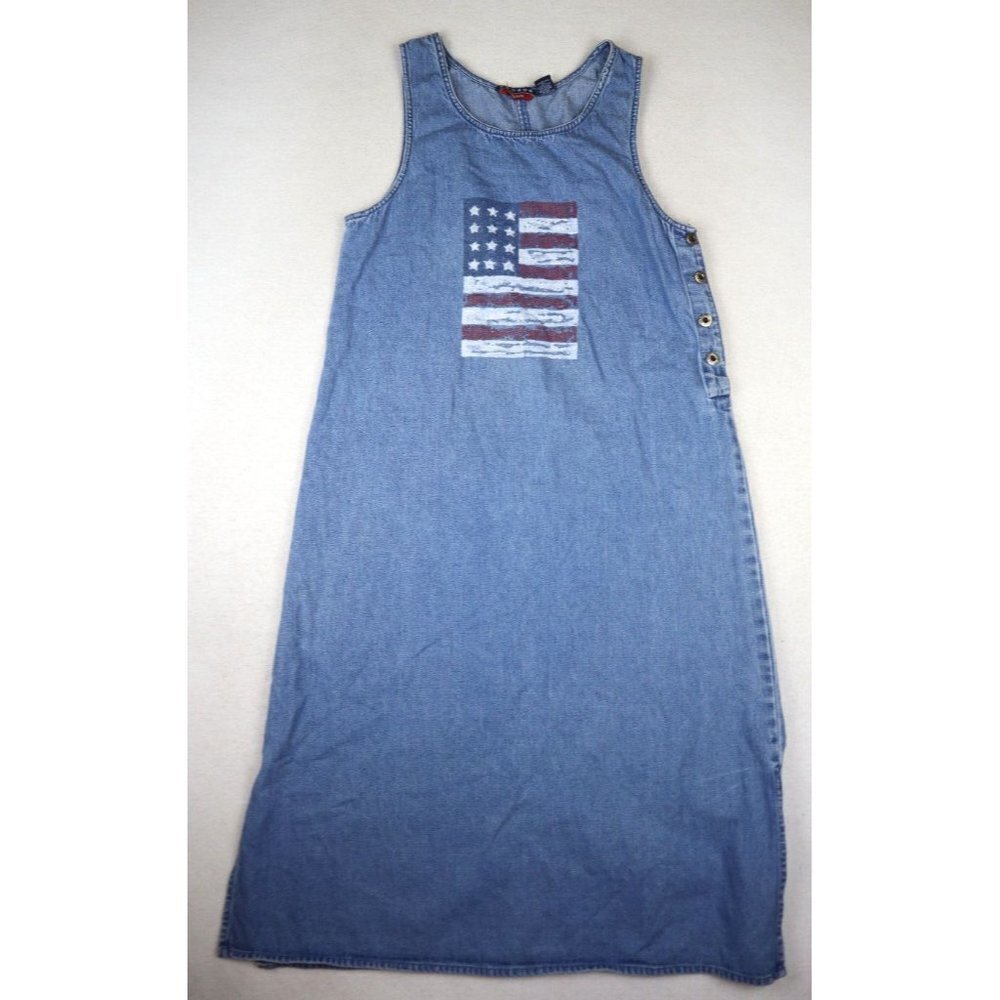 VINTAGE 90s WOMEN'S DENIM MIDI AMERICAN FLAG PRINT JUMPER DRESS - SIZE PM